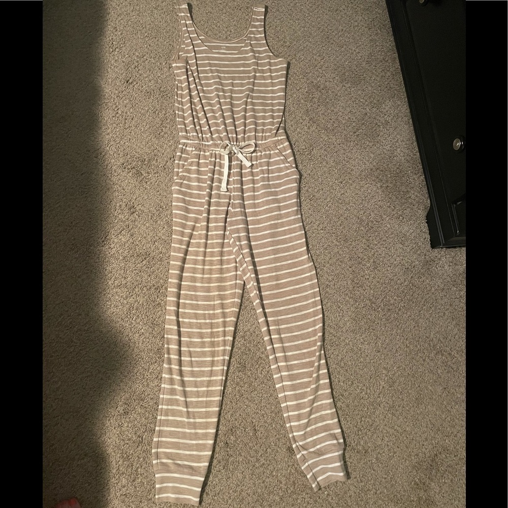 Aerie tan and white striped lounge romper (xs)